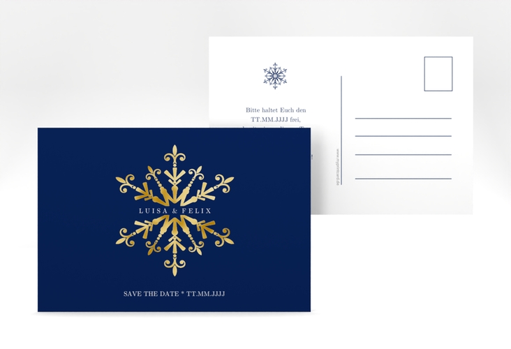 Save the Date-Postkarte Crystal A6 Postkarte gold mit Eiskristall