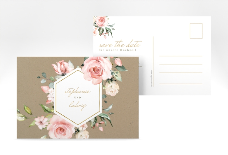 Save the Date-Postkarte Graceful A6 Postkarte gold mit Rosenblüten in Rosa und Weiß