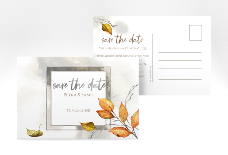 Save the Date-Postkarte Herbst A6 Postkarte silber mit orangefarbigem Herbstlaub in Aquarell