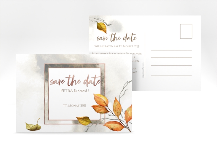 Save the Date-Postkarte Herbst A6 Postkarte rosegold mit orangefarbigem Herbstlaub in Aquarell