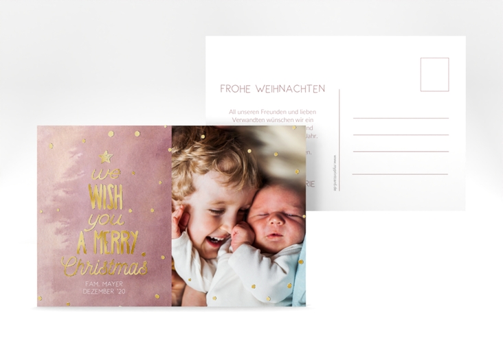 Weihnachtskarte Schneeglitzern A6 Postkarte gold mit Aquarellfarbe und Kinderfoto