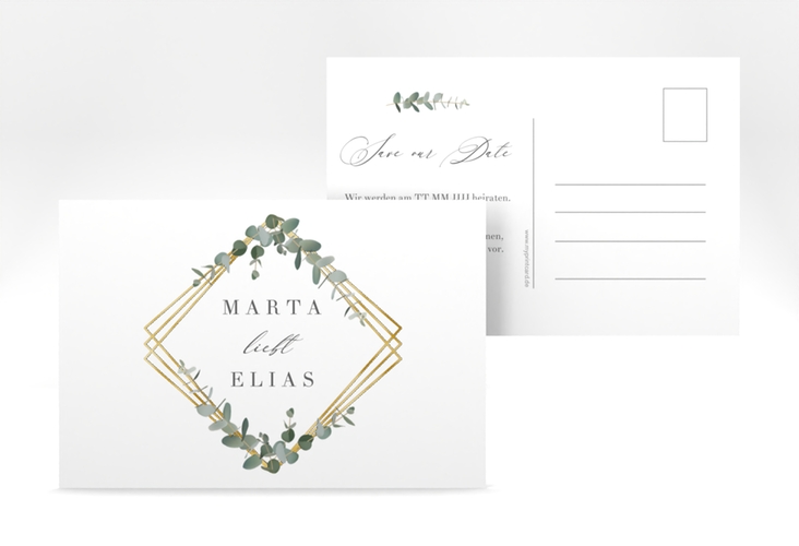 Save the Date-Postkarte Eukalyptus A6 Postkarte gold