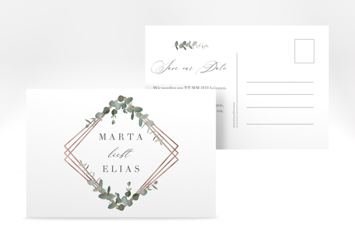 Save the Date-Postkarte Eukalyptus A6 Postkarte rosegold