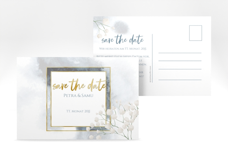 Save the Date-Postkarte Winter A6 Postkarte gold mit Schleierkraut