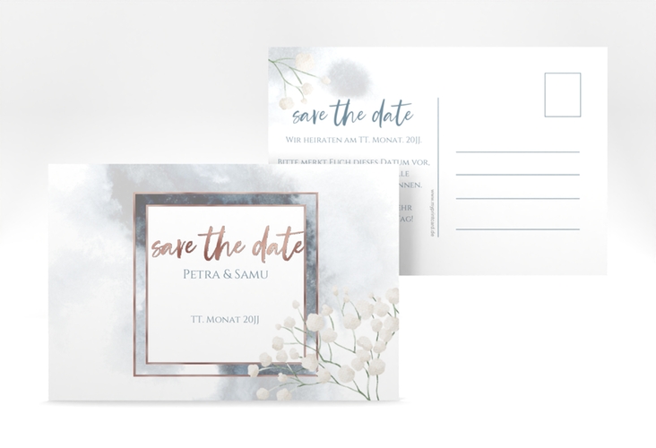 Save the Date-Postkarte Winter A6 Postkarte rosegold mit Schleierkraut