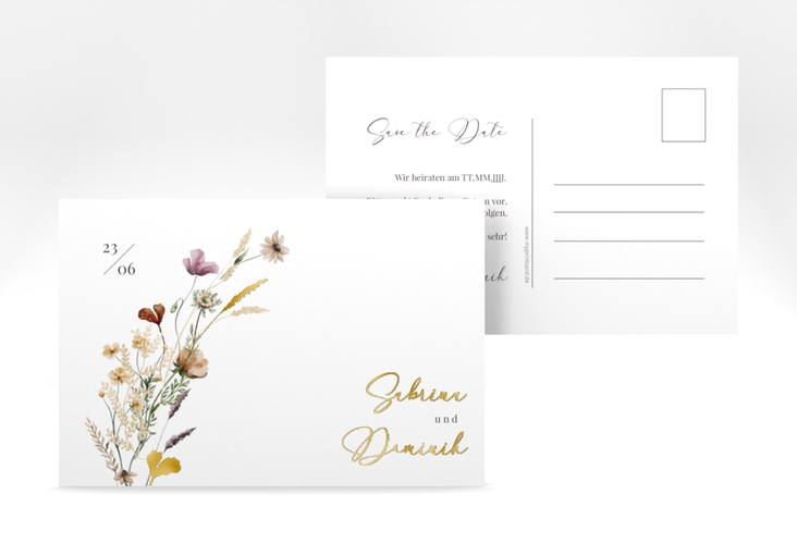 Save the Date-Postkarte Sauvages A6 Postkarte gold mit getrockneten Wiesenblumen