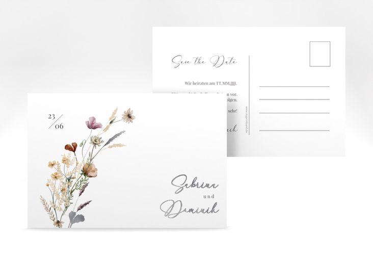 Save the Date-Postkarte Sauvages A6 Postkarte silber mit getrockneten Wiesenblumen