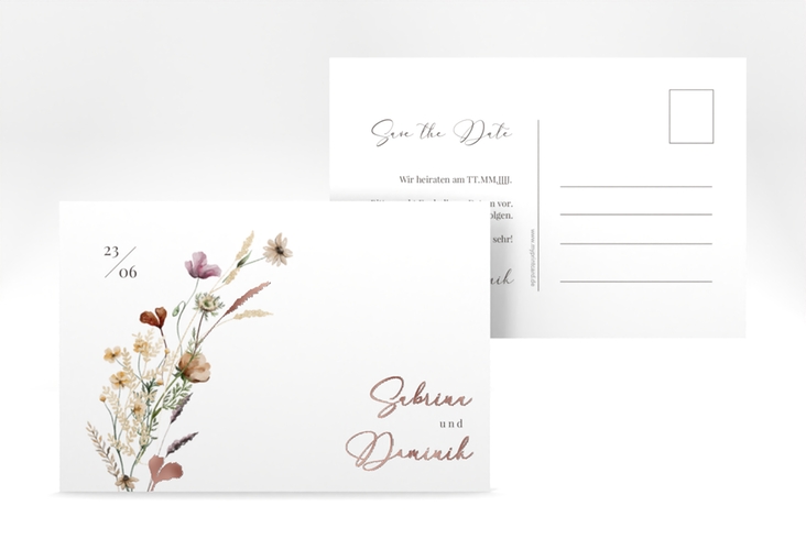 Save the Date-Postkarte Sauvages A6 Postkarte rosegold mit getrockneten Wiesenblumen