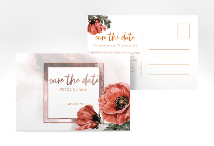 Save the Date-Postkarte Sommer A6 Postkarte rosegold mit Mohnblumen-Aquarell