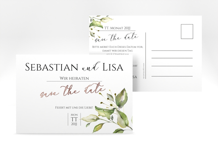 Save the Date-Postkarte Leaves A6 Postkarte rosegold