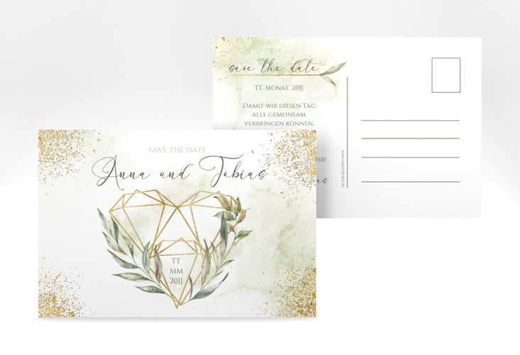 Save the Date-Postkarte Heartfelt A6 Postkarte gold mit Diamanten im Geometric Design