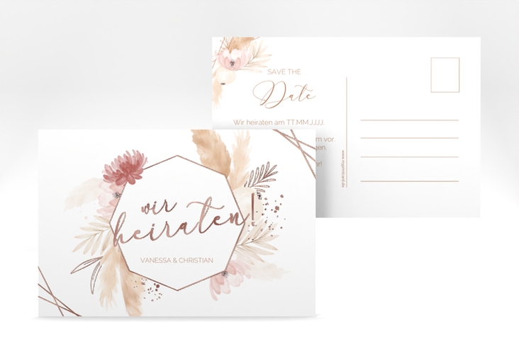 Save the Date-Postkarte Bohostyle A6 Postkarte rosegold mit Pampasgras in Aquarell