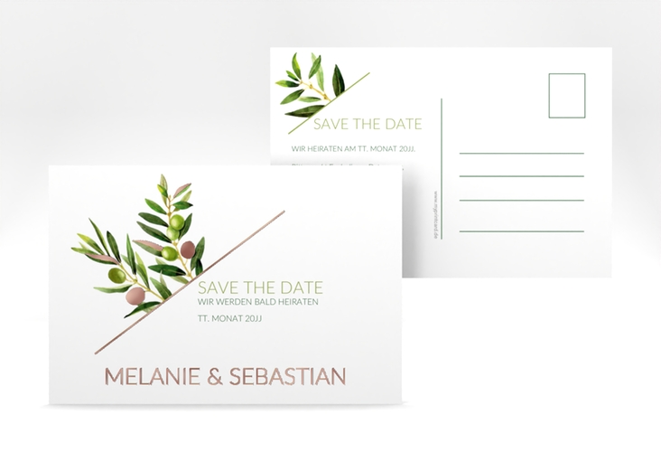 Save the Date-Postkarte Olivenzweig A6 Postkarte rosegold