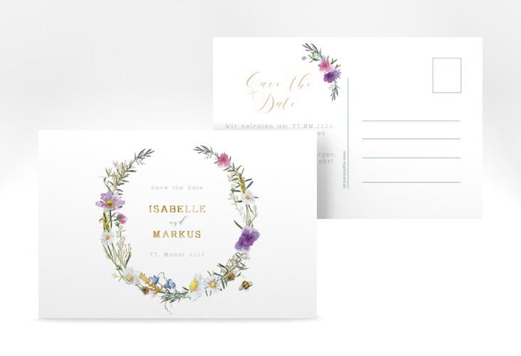 Save the Date-Postkarte Blumengarten A6 Postkarte gold mit Blumenkranz und Hummel