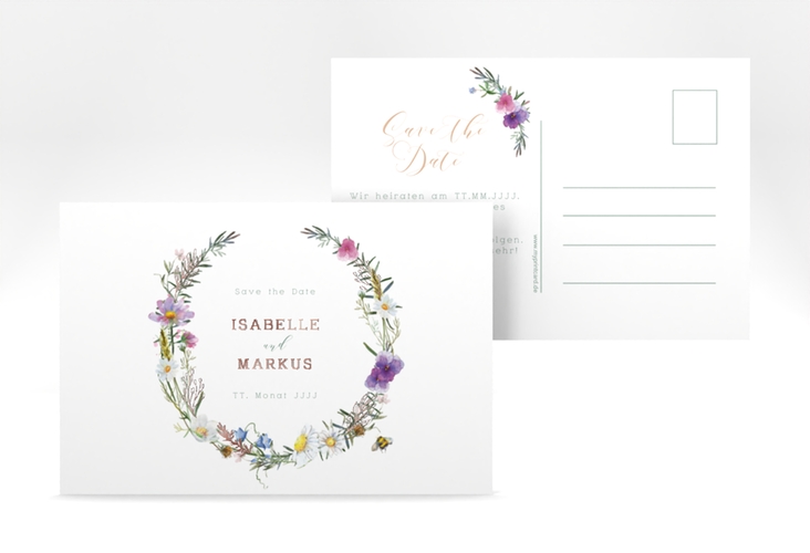 Save the Date-Postkarte Blumengarten A6 Postkarte rosegold mit Blumenkranz und Hummel