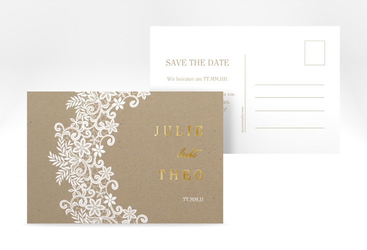 Save the Date-Postkarte Mariage A6 Postkarte gold mit Bogen aus weißer Spitze