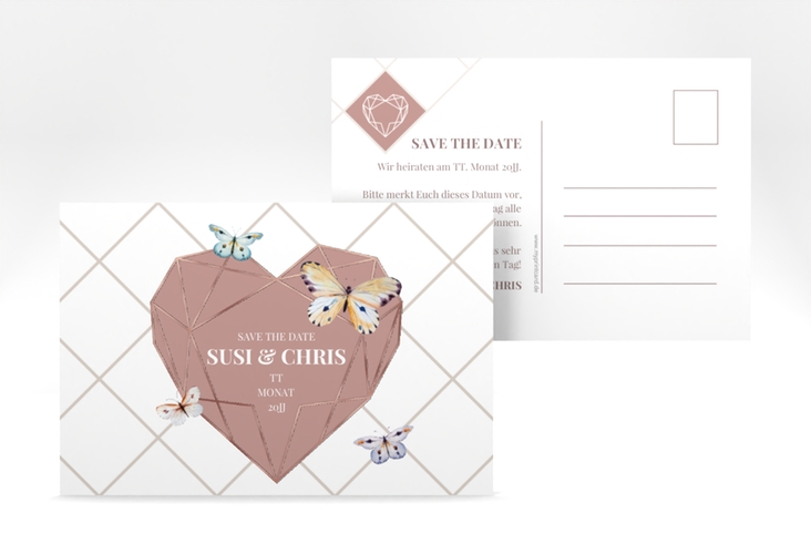 Save the Date-Postkarte Butterfly A6 Postkarte rosegold mit Schmetterlingen und Herz im Geometric Design