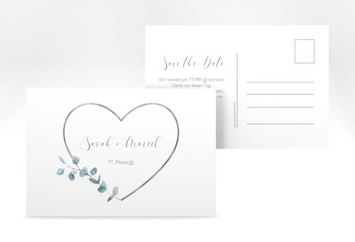 Save the Date-Postkarte Greenheart A6 Postkarte silber mit elegantem Herz und Eukalyptus-Zweig