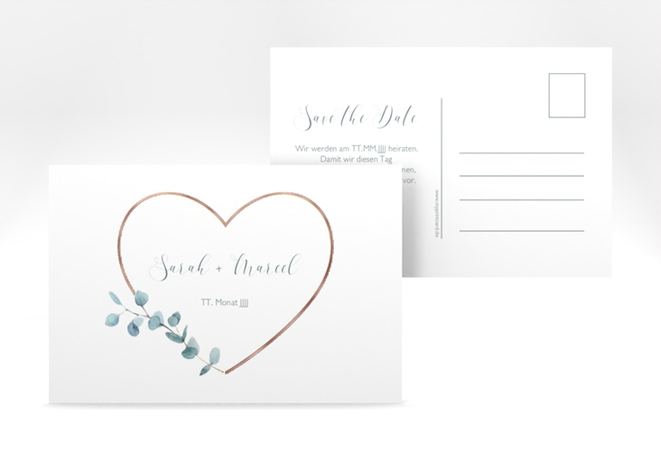 Save the Date-Postkarte Greenheart A6 Postkarte rosegold mit elegantem Herz und Eukalyptus-Zweig