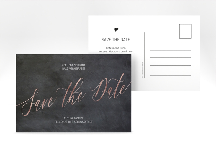 Save the Date-Postkarte Chalkboard A6 Postkarte rosegold veredelt