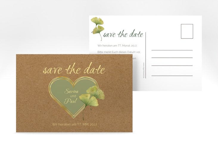 Save the Date-Postkarte Ginko A6 Postkarte gold mit Herz und zwei Ginkgo-Blättern