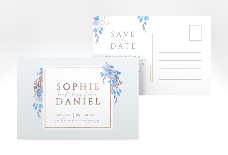 Save the Date-Postkarte Blauregen A6 Postkarte rosegold mit Wisteria-Blüten