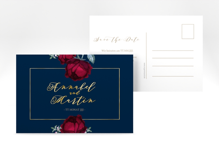 Save the Date-Postkarte Peonies A6 Postkarte gold elegant mit Pfingstrosen