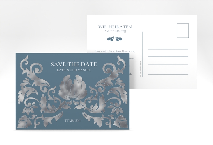 Save the Date-Postkarte Royal A6 Postkarte silber mit barockem Blumen-Ornament