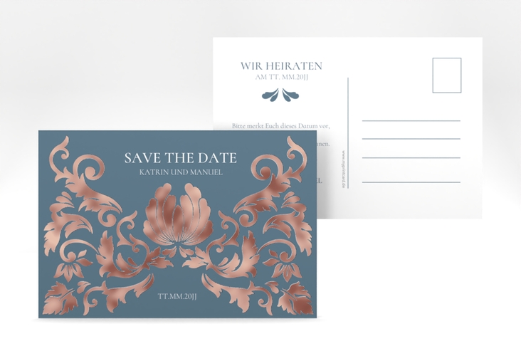 Save the Date-Postkarte Royal A6 Postkarte rosegold mit barockem Blumen-Ornament