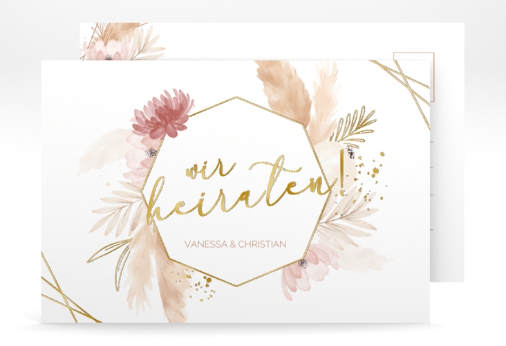 Save the Date-Postkarte Bohostyle A6 Postkarte gold mit Pampasgras in Aquarell