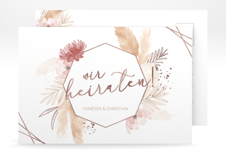 Save the Date-Postkarte Bohostyle A6 Postkarte rosegold mit Pampasgras in Aquarell