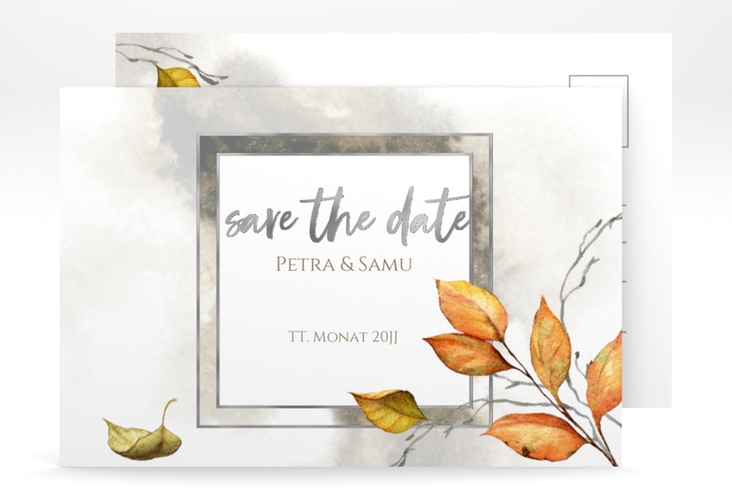 Save the Date-Postkarte Herbst A6 Postkarte silber mit orangefarbigem Herbstlaub in Aquarell