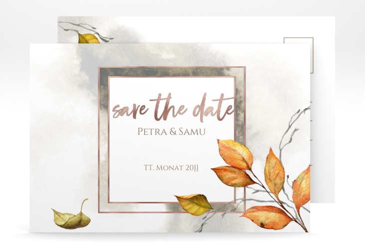 Save the Date-Postkarte Herbst A6 Postkarte rosegold mit orangefarbigem Herbstlaub in Aquarell