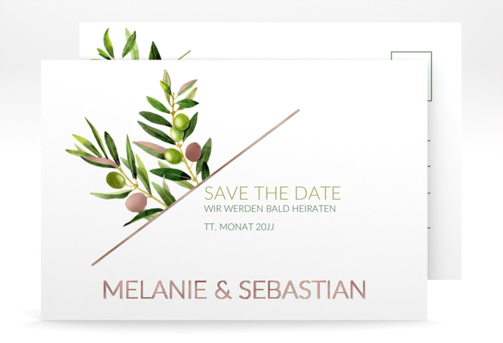 Save the Date-Postkarte Olivenzweig A6 Postkarte rosegold