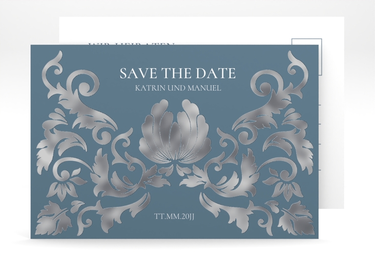 Save the Date-Postkarte Royal A6 Postkarte silber mit barockem Blumen-Ornament