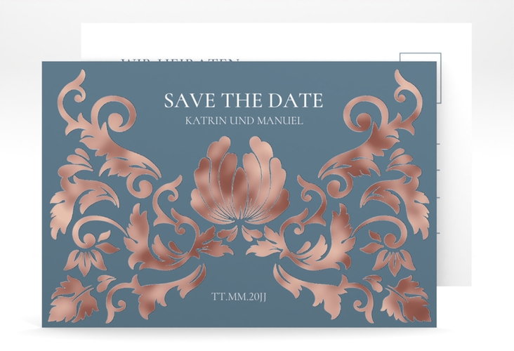 Save the Date-Postkarte Royal A6 Postkarte rosegold mit barockem Blumen-Ornament