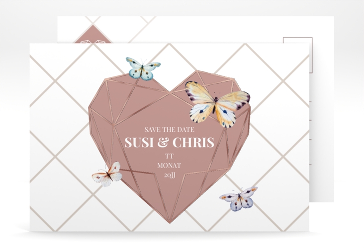 Save the Date-Postkarte Butterfly A6 Postkarte rosegold mit Schmetterlingen und Herz im Geometric Design