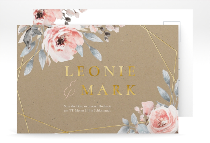 Save the Date-Postkarte Perfection A6 Postkarte gold mit rosa Rosen