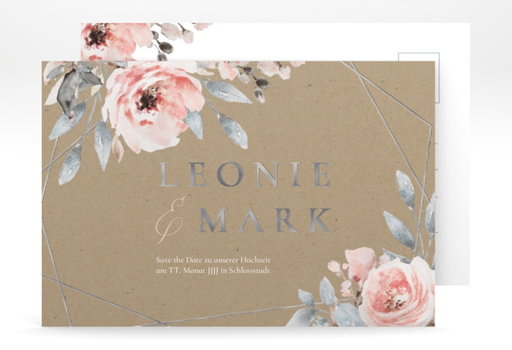 Save the Date-Postkarte Perfection A6 Postkarte silber mit rosa Rosen