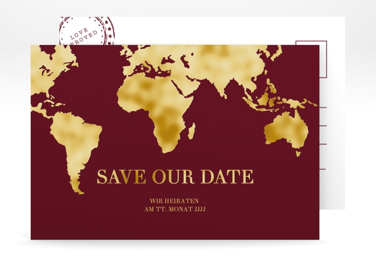 Save the Date-Postkarte Traumziel A6 Postkarte gold im Reisepass-Design