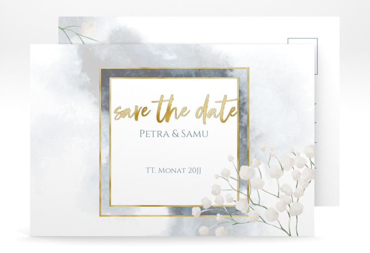 Save the Date-Postkarte Winter A6 Postkarte gold mit Schleierkraut