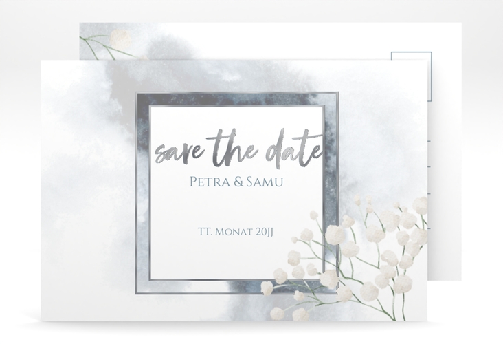 Save the Date-Postkarte Winter A6 Postkarte silber mit Schleierkraut