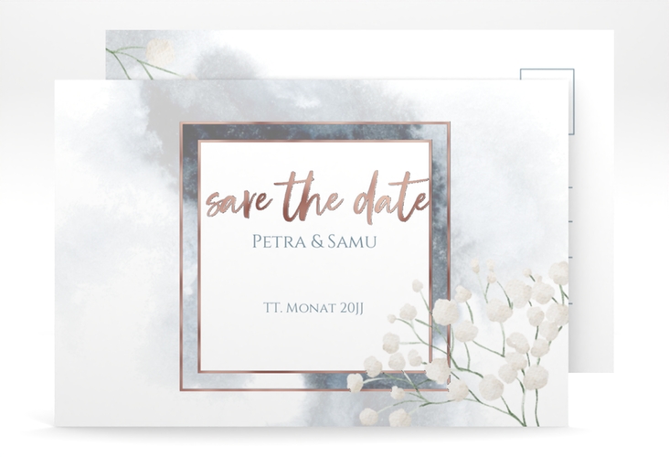 Save the Date-Postkarte Winter A6 Postkarte rosegold mit Schleierkraut