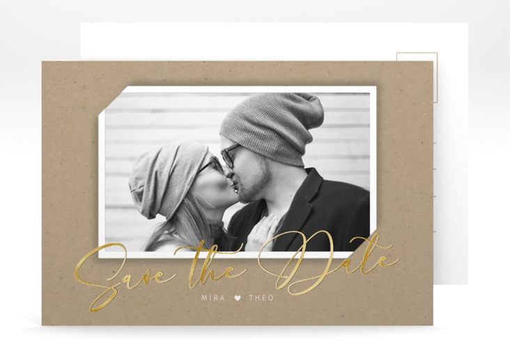 Save the Date-Postkarte Crafty A6 Postkarte gold in Kraftpapier-Optik mit Foto