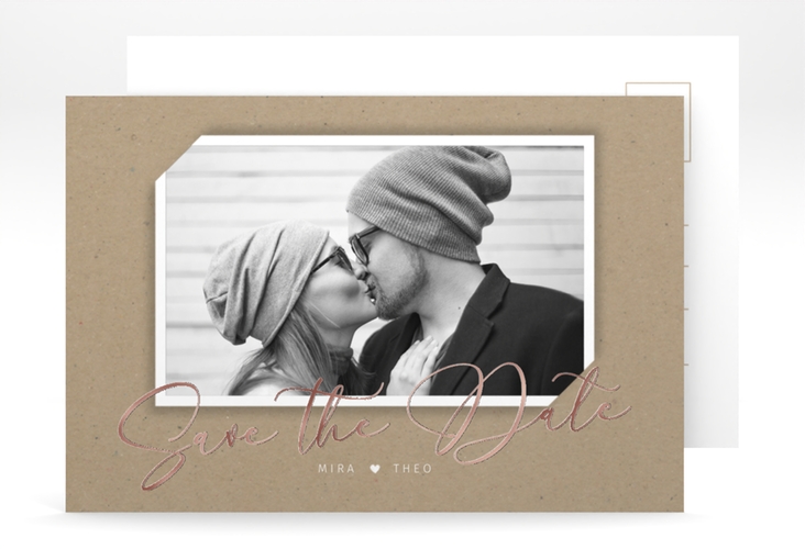 Save the Date-Postkarte Crafty A6 Postkarte rosegold in Kraftpapier-Optik mit Foto