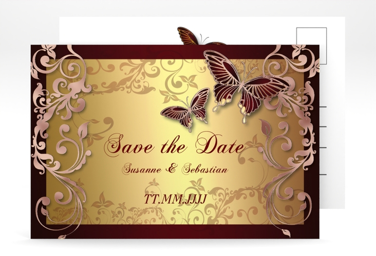 Save the Date-Postkarte Toulouse A6 Postkarte rosegold mit Schmetterlingen und Schnörkeln