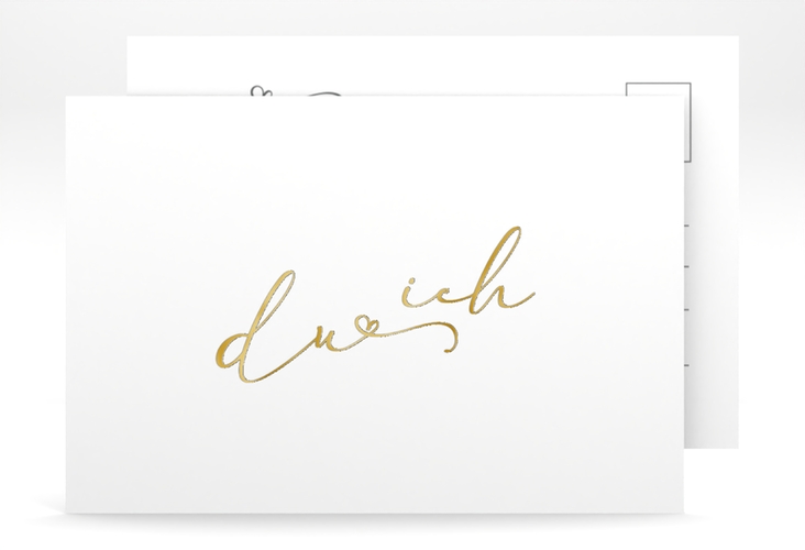 Save the Date-Postkarte Zweisamkeit A6 Postkarte gold im minimalistischen Stil mit Aufschrift du & ich