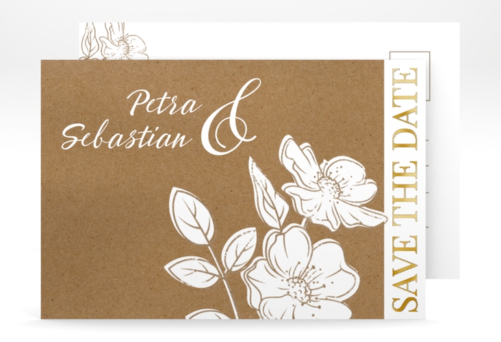 Save the Date-Postkarte Windflower A6 Postkarte gold mit Wildrosen