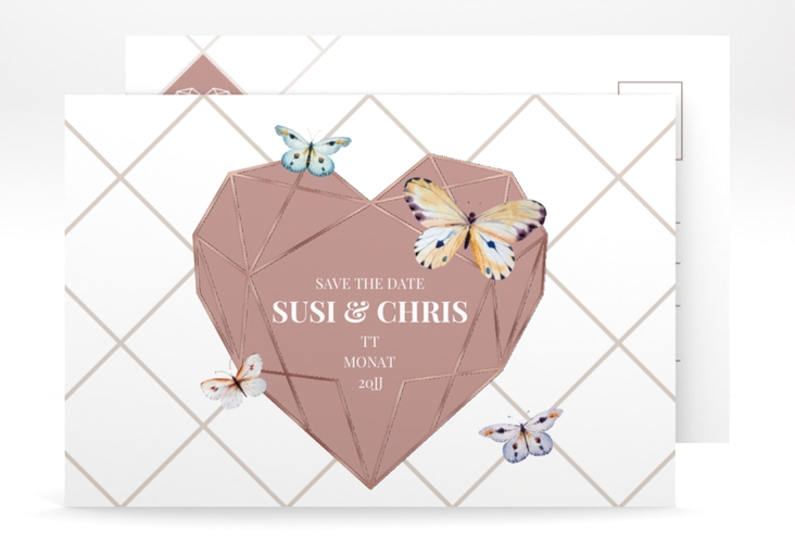 Save the Date-Postkarte Butterfly A6 Postkarte rosegold mit Schmetterlingen und Herz im Geometric Design