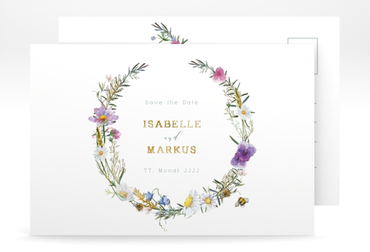 Save the Date-Postkarte Blumengarten A6 Postkarte gold mit Blumenkranz und Hummel